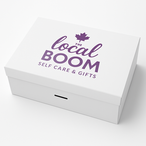 White box with 'The Local Boom Self Care & Gifts' logo on a white background