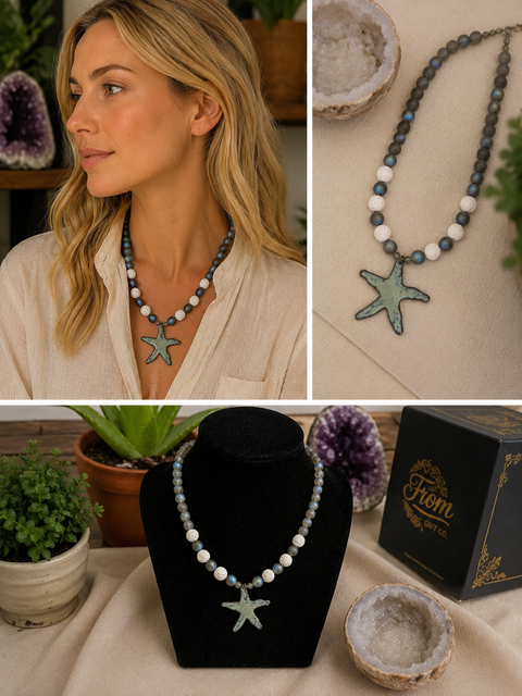 Woman wearing a starfish necklace with close-up shots of the necklace and packaging.
