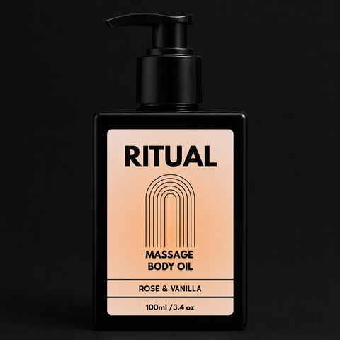 Massage body oil bottle labeled 'Ritual' with a black pump on a dark background