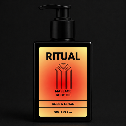 Massage body oil bottle with 'Ritual' label on a black background