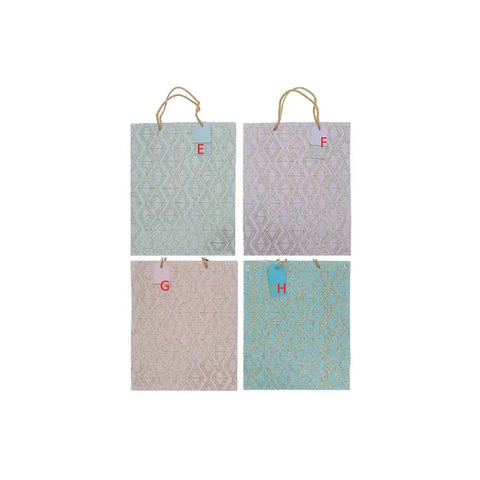 Four patterned bags with letters on a white background