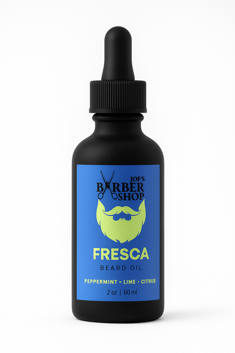 Bottle of Joe's Barber Shop Fresca Beard Oil on a white background