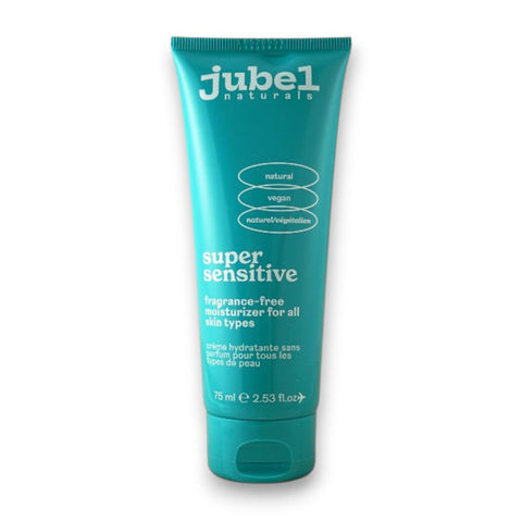 Turquoise tube of jubel naturals super sensitive moisturizer on a white background