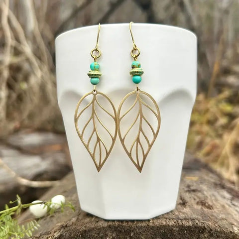 Brass Leaf with Turquoise Earrings