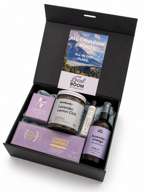 Gift set with lavender-themed products in a black box, featuring 'The Local Box' branding.