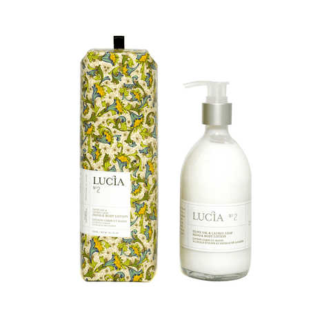 Lucia No. 2 Hand and Body Lotion – Olive Oil & Laurel Leaf, Canadian-made vegan lotion in luxury bottle


