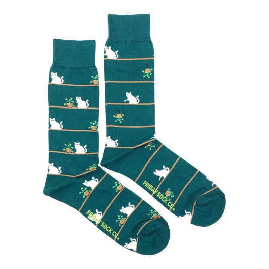 dark green men's socks with cat and plant