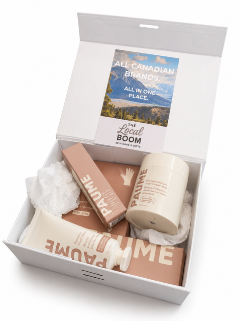 Box of 'PAUME products with a 'The Local Boom' card on a white background