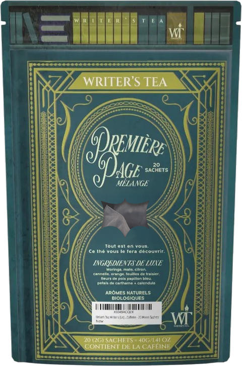 Writer's Tea Premier Page packaging with decorative design and text.