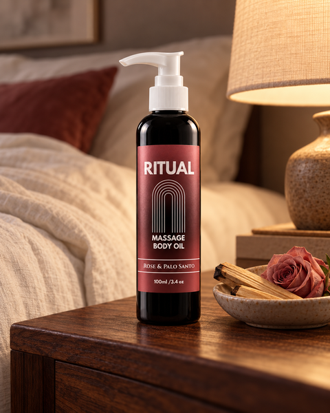 A bottle of Ritual Massage Body Oil stands on a wooden bedside table in a warmly lit bedroom. The bottle is dark with a white pump and a muted pink label reading 'RITUAL' and 'MASSAGE BODY OIL'.