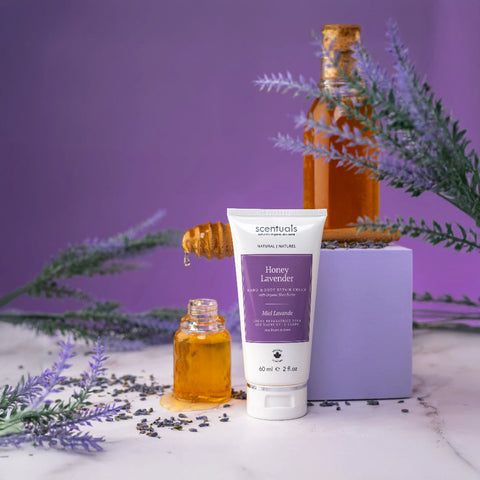 Honey Lavender skincare product with a dropper bottle and lavender flowers on a purple background