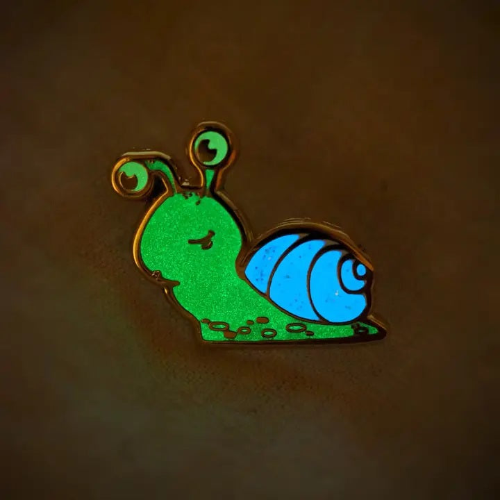 Glow in the Dark Snail Pin glowing