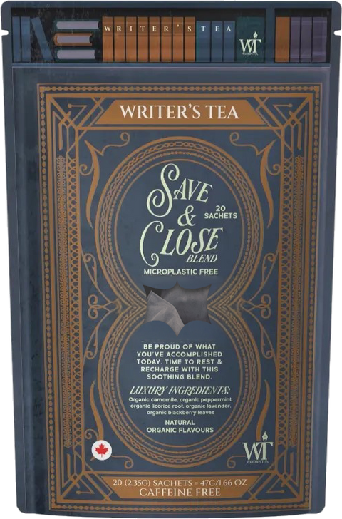 Writer's Tea package with decorative design and text on a blue background