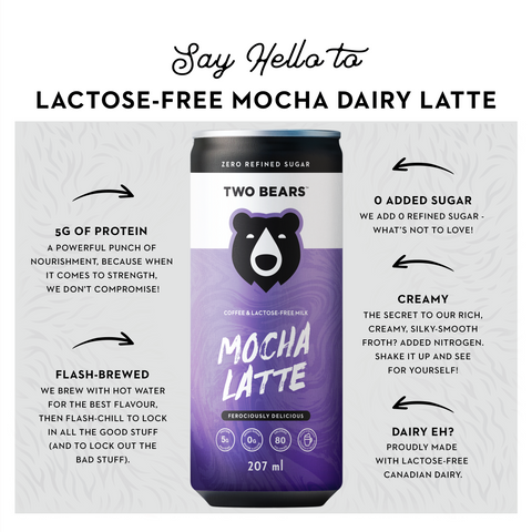 Two Bears Mocha Latte can with product details on a white background