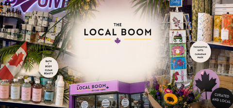 Display of Canadian Gift products with 'The Local Boom' branding in a  Gift store setting.