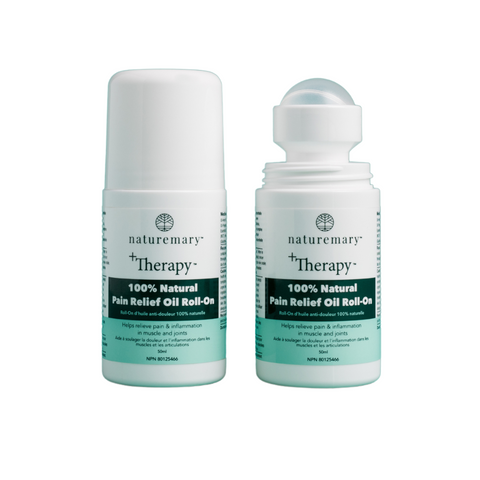 Two bottles of Nature Mary + Therapy 100% Natural Pain Relief Oil Roll-On on a white background