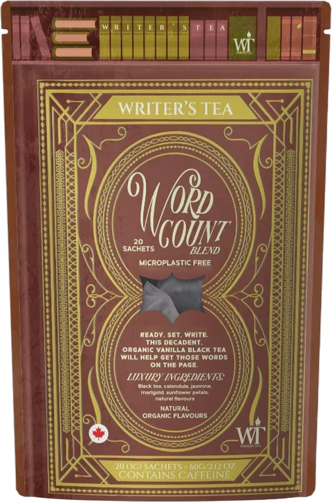 Writer's Tea package with decorative design and text