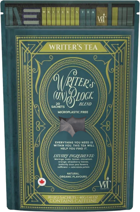 Tea package labeled 'Writer's Block' with decorative design and text.