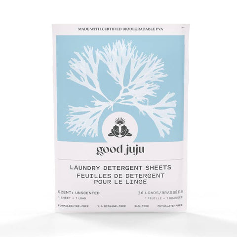 good juju laundry detergent sheets packaging with a blue and white design on a white background