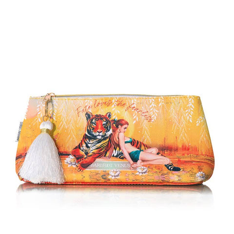 Pouch with tiger and woman design on a white background