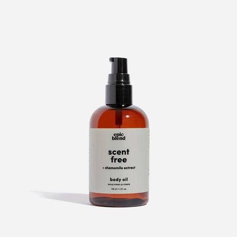 Bottle of epic blend scent free body oil on a white background