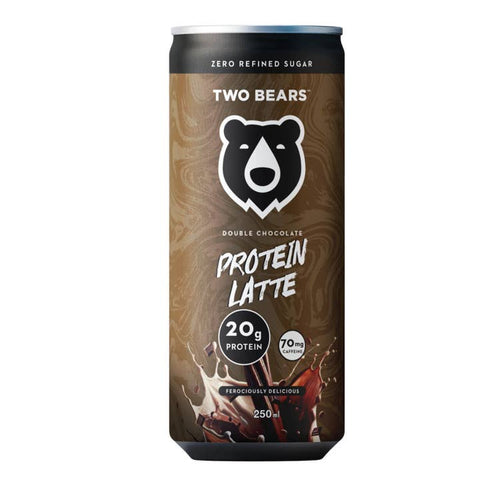 Two Bears Protein Latte can with brown and black design on a white background