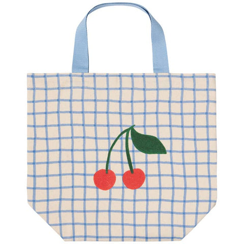 Tote bag with blue checkered pattern and red cherries on a white background