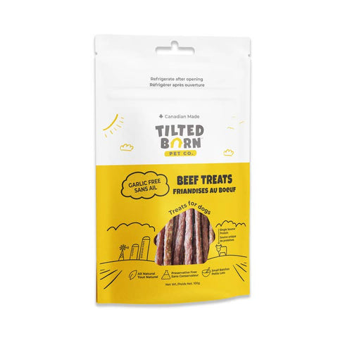 Package of Tilted Barn Pet Co. beef treats for dogs on a white background
