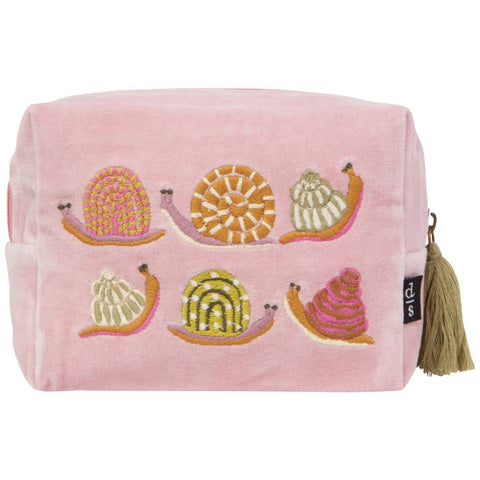 Pink pouch with embroidered snails on a white background