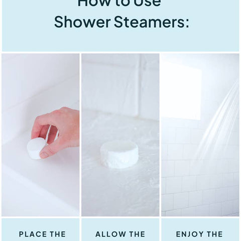 Instructions on how to use shower steamers with a hand placing a white container in a shower.
