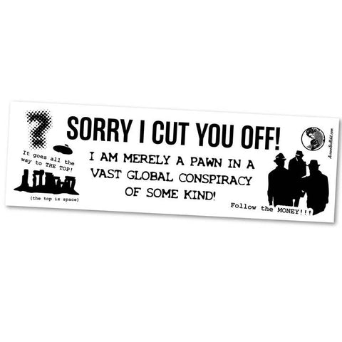 Bumper sticker with text and black silhouette graphics on a white background