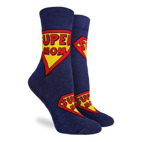Navy blue socks with 'Super Mom' design on a white background