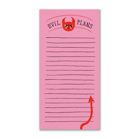 Pink notepad with 'Evil Plans' text and devil face design on a white background