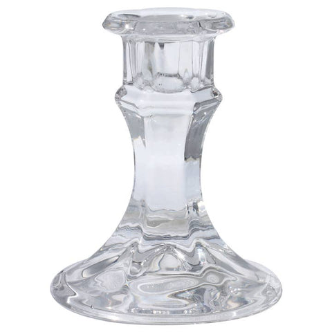 Clear glass candlestick holder with a flared base and faceted neck, shown on a plain white background.