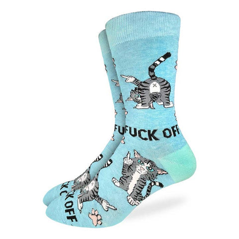 Socks with cat illustrations and text on a light blue background