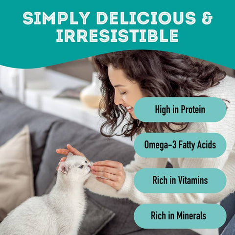 Woman feeding a cat with text highlighting nutritional benefits on a teal background