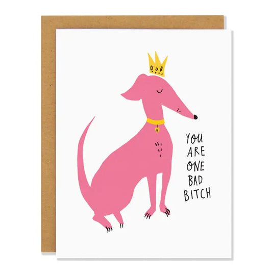 birthday greeting card with pink dog in gold crown
