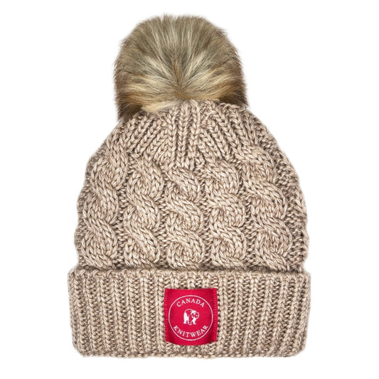 Canada Knitwear - Cable Knit Beanie with Faux Fur Pompom