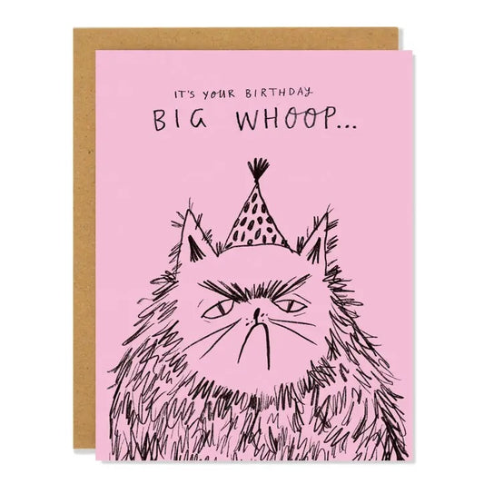 pink birthday card with frowning cat