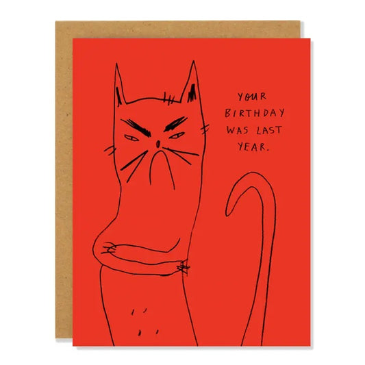 red birthday card with angry bitter cat face