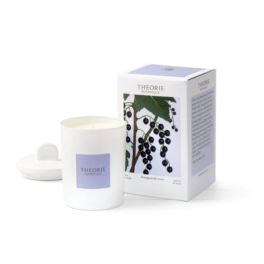 blackcurrant candle in white jar with blue box