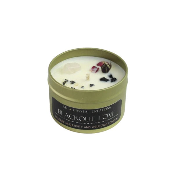 soy wax candle with black obsidian and rose petals