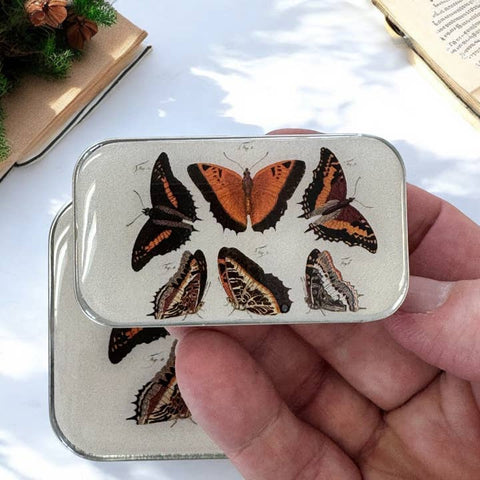 Hand holding a small rectangular tin with butterfly illustrations on a light surface.