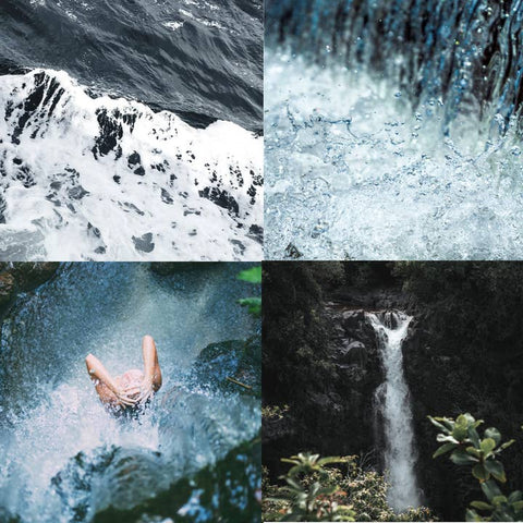 Collage of four images showing different perspectives of a waterfall.
