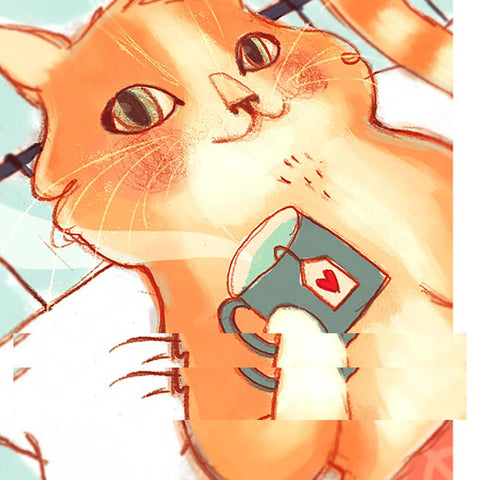 An illustration of an orange tabby cat holding a teal mug with a red heart on the tag, rendered in a sketch-like pastel style.