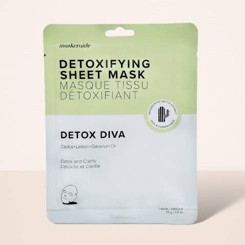 Detoxifying sheet mask packaging with branding on a light background