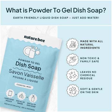 Naturebee powder to gel dish soap packaging with product features on a light blue background