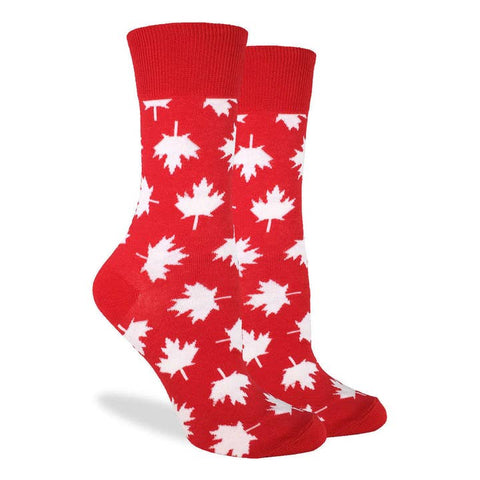 Red socks with white maple leaf pattern on a white background