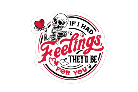 Sticker with skeleton design and text held by a hand against a pink and purple gradient background