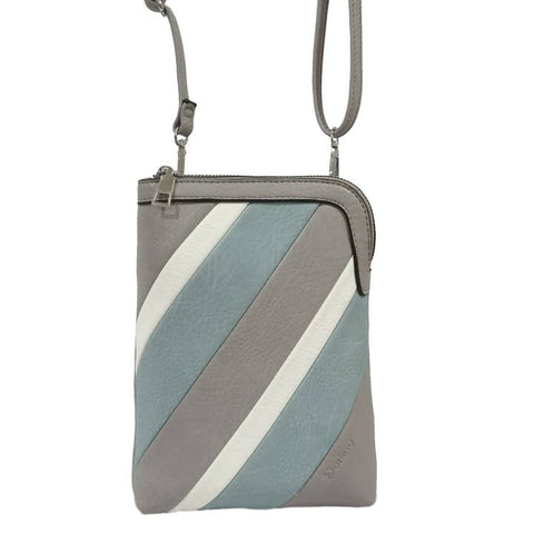 Crossbody bag with gray, blue, and white diagonal stripe pattern on a white background